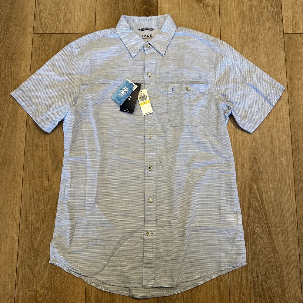 Izod Saltwater Men's Lt Blue Striped Short Sleeve Button Down Shirt Medium